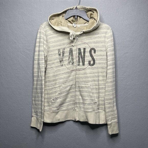Vans Tops - Vans Hoodie Womens M Beige Gray Striped Full Zip Hoodie